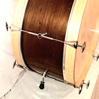 C.G.CONN MAHOGANY 24" BASS DRUM 1 PLY (3/16" THICK) STEAM BENT 1887 WITH MAPLE RINGS AND HOOPS! - FREE SHIP TO CUSA! image 5