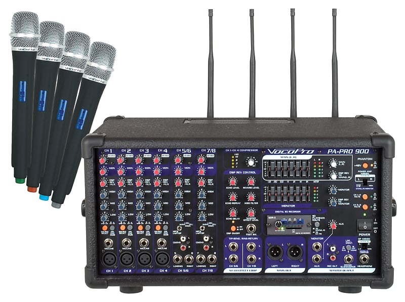 VocoPro PA-PRO 900-2 900W Professional P.A. Mixer with SDR-4 digital recorder and 4 wireless mics image 1