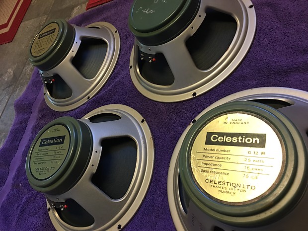 FOUR Vintage Celestion Pre-Rola Greenback 12” speakers T1221 RARE metal dust caps 25 watt 16 ohm image 1