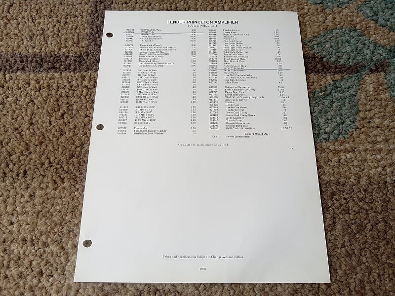 Vintage 1980 Fender Princeton Amplifier Parts List and | Reverb