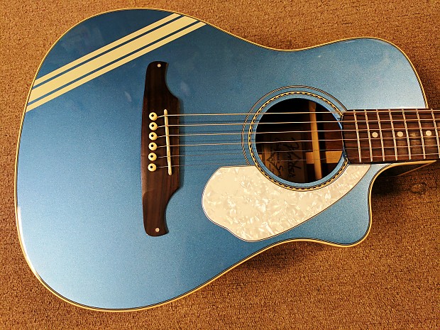 Fender Malibu CE Mustang Acoustic Electric Guitar Lake Placid Blue Racing Stripe Cutaway Pickup