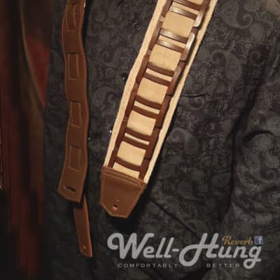 Well-Hung No Prisoners "MonsterMan" 3.5" wide padded leather guitar strap Sand Suede, with walnut image 6