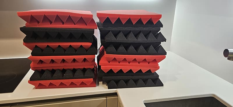 JBER Sound Dampening Acoustic Foam Panels x24 12x12x1in - Red+Black  			