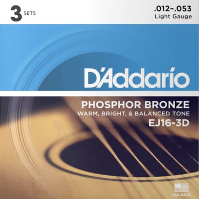 D'Addario EJ16-3D Phosphor Bronze Acoustic Guitar Strings, Light, 3 Sets for sale