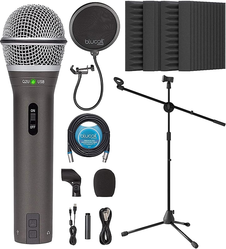 Samson Q2U USB XLR Dynamic Microphone for Podcasting, Live & Studio  Recording Bundle with Blucoil 20-FT Balanced XLR Cable, Pop Filter,  Adjustable Microphone Tripod Stand, and 4x 12 Acoustic Wedges