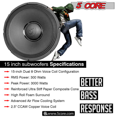 5 Core 15 Inch Subwoofer 3000W PMPO 300W RMS Big Raw Replacement PA DJ Speakers 8 OHM Pro Audio System Loud and Clear Sound 15-185 MS 300W image 2