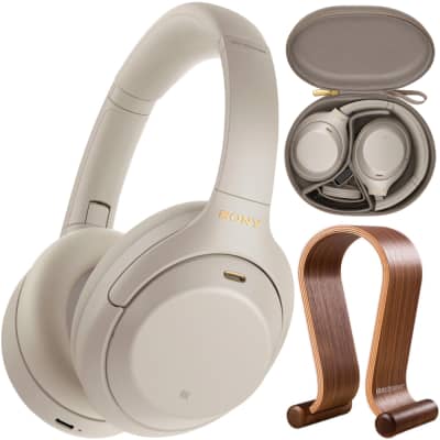 Sony WH1000XM4/S Noise Cancelling Wireless Headphones + Wood Headphone Stand image 1