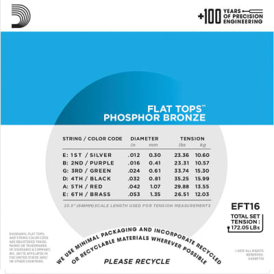 D'Addario EFT16 Flat Top Phosphor Bronze Acoustic Guitar Light Gauge 12-53 Strings image 3