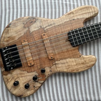 MG Bass MGBASS JB1 SPALTED MAPLE 5-string bass, Made in USA, SPALTED MAPLE top, ASH body, 3-piece MAPLE neck, EBONY fretboard, BARTOLINI pickups and preamp, Italia Leather Straps 4” wide Acorn Amber strap, GATOR hardshell case image 2
