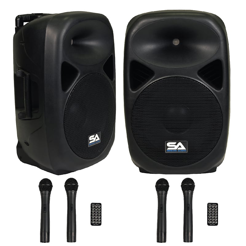 Pair of Powered 12" PA Speakers Rechargeable with 2 Mics Remote Bluetooth image 1