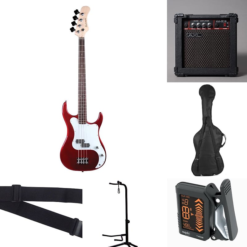 Baltimore BB-5 Metallic Red 4 String Electric Bass Pack +AXL 15W Amp Bag Strap Stand Tuner image 1