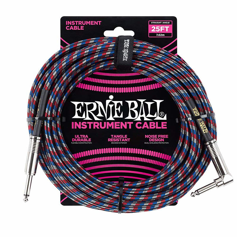 Ernie Ball 25FT Right Angle Braided Instrument Cable Red/White/Blue/Black Free Same Day Shipping! image 1