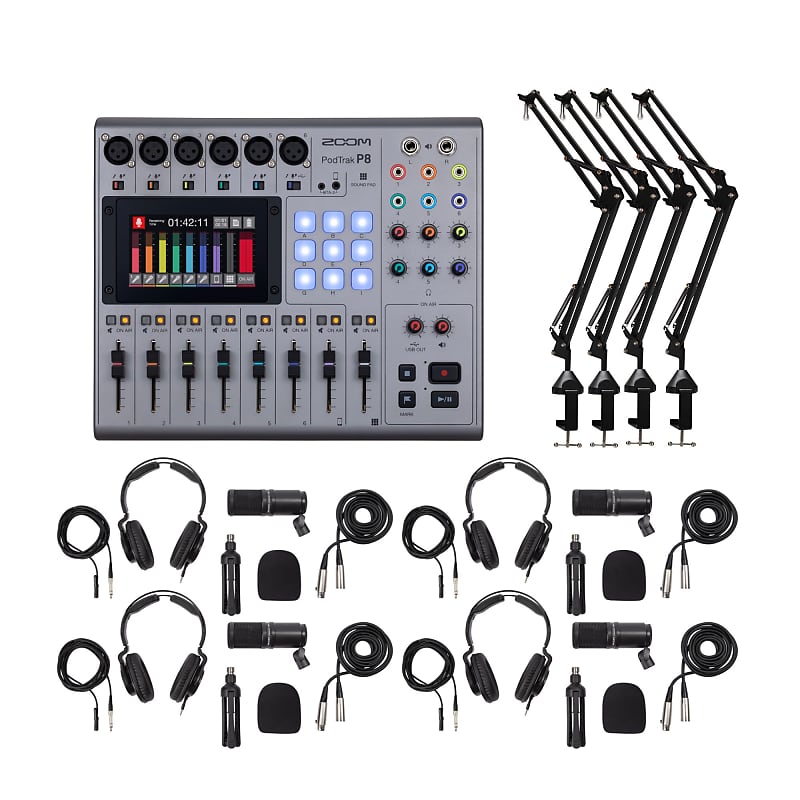 Zoom PodTrak P8 Multitrack Podcast Recorder + (4) Zoom ZDM-1 Podcast Mic  with Accessory - Ultimate Podcasting Bundle | Reverb