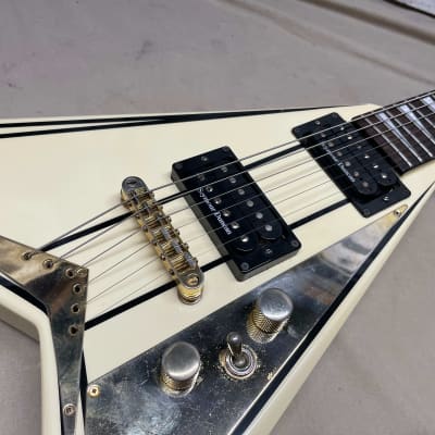 Jackson RR5 RR-5 Randy Rhoads Flying V Guitar with Case MIJ Japan maybe 1996? 2006? White/Gold/Pinstripes image 11
