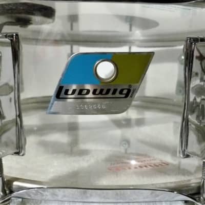 LUDWIG VISTALITE Snare Drum 5 x 14 Clear Acrylic Shell ALL Original 70s Blue & Olive Badge 10 Lug EC image 2