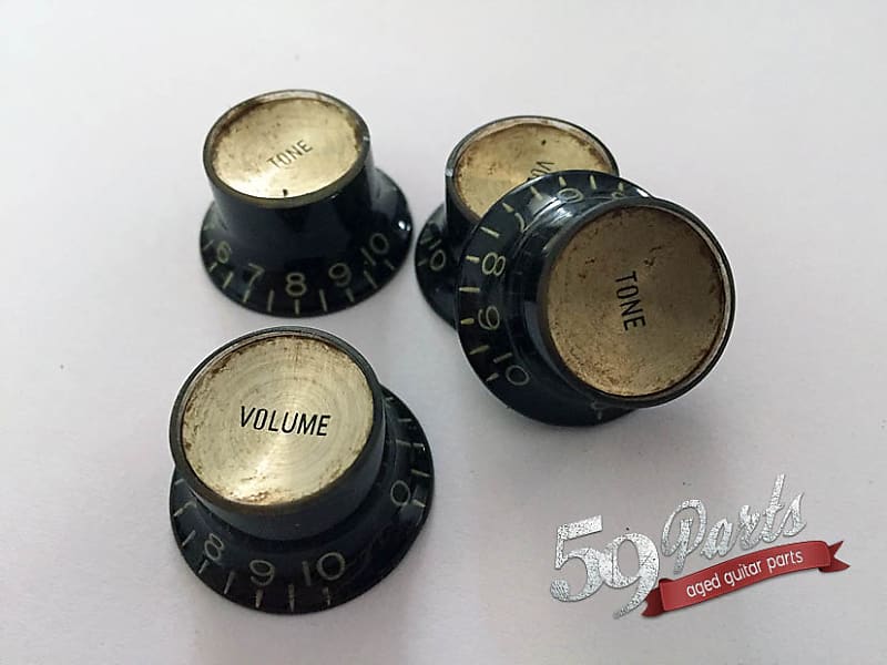 Set of 4 Hand Aged Gibson Les Paul Reflector Knobs black/gold, relic, aged,  Historic Gibson