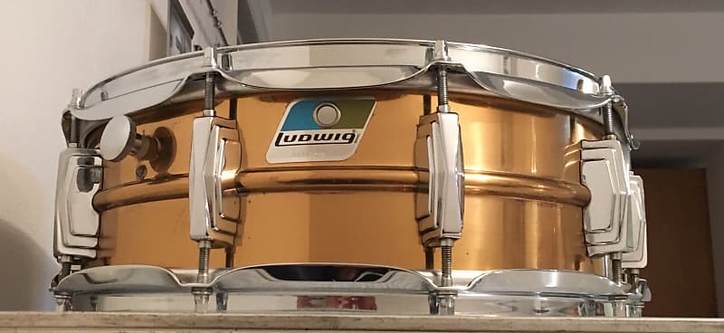 Immagine Ludwig No. 550 Bronze 5x14" Snare Drum with Rounded Blue/Olive Badge 1981 - 1984 - 1