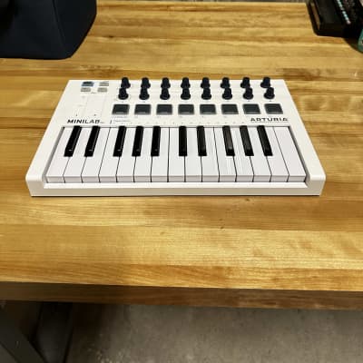 Arturia MiniLab 3 Portable MIDI Keyboard Controller with Pig Hog MIDI Cable  & Polishing Cloth - 25 Key MIDI Controller, White Mini Keyboard for