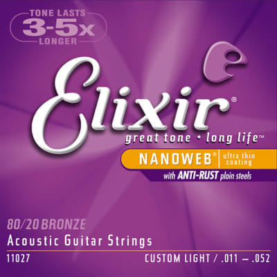 Elixir Nanoweb Acoustic Guitar Strings Custom Light .011-.052 image 1