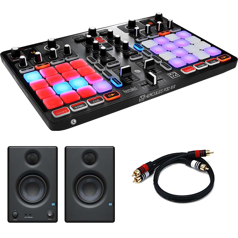 Hercules P32 DJ Controller with High Performance Pads + PreSonus Eris E3.5 3.5" 2-Way 25W Nearfield Monitors (Pair)  and RCA Cable image 1