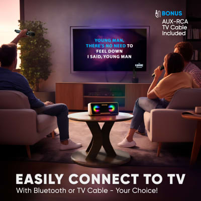 MASINGO Karaoke Machine for Adults and Kids with 2 UHF Wireless Microphones, Portable Bluetooth Singing Speaker, Colorful LED Lights, PA System, Lyrics Display Holder & TV Cable - Presto G2 Wood image 6