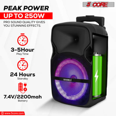 5 Core DJ speakers 8" Rechargeable Powered PA system 250W Loud Speaker Bluetooth USB SD Card AUX MP3 FM LED Ring - ACTIVE HOME 8 2-MIC image 5