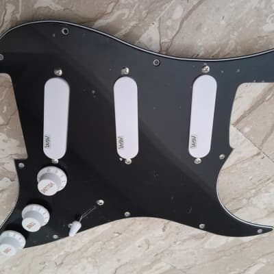 Handmade prewired SSS CERAMIC Strat pickguard with COIL TAP on N&B, volume TR BL and mid PU cutoff switch image 2