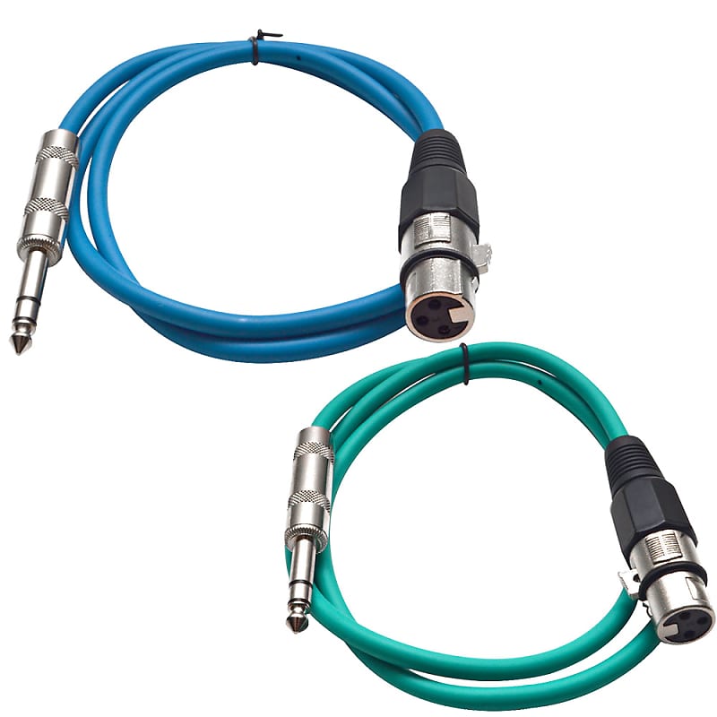 2 Pack of 1/4 Inch to XLR Female Patch Cables 2 Foot Extension Cords Jumper - Blue and Green image 1