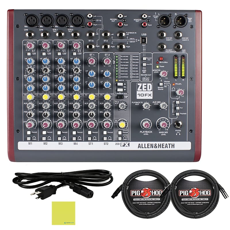 Allen u0026 Heath Mixer ZED10FX Multipurpose Audio Mixer for Live Sound and  Recording Bundle with 2x Pig Hog PHM15 8mm XLR Microphone Cable 15ft