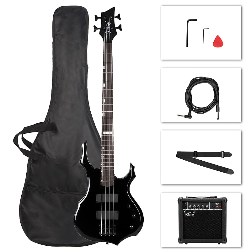 Glarry Full Size 4 String Burning Fire Enclosed H-H Pickup Electric Bass Guitar with 20W Amplifier Bag Strap Connector Wrench Tool 2020s - Black image 1