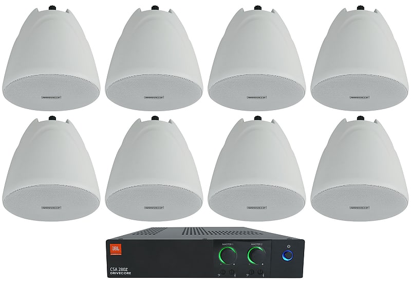 JBL CSA 280Z Commercial Amplifier Amp+(8) White 4&quot; 70V Hanging Pendant Speakers  			