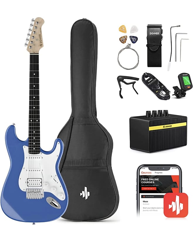 Donner Strat Pack Beginner Electric Guitar Kit Blue Reverb