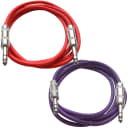 2 Pack of 1/4" TRS Patch Cables 3 Foot Extension Cords Jumper Red and Purple