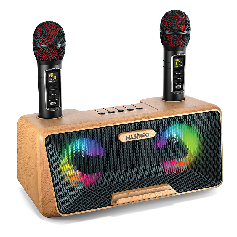 MASINGO Karaoke Machine for Adults and Kids with 2 UHF Wireless Microphones, Portable Bluetooth Singing Speaker, Colorful LED Lights, PA System, Lyrics Display Holder & TV Cable - Presto G2 Wood image 1