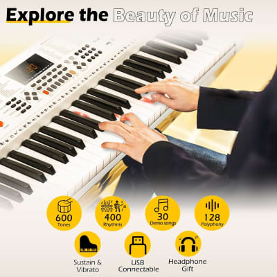 Keyboard Piano With 61 Lighted Keys, Full-Size Electric Piano Keyboard For Beginner Kids Teens Adults With Stand, Microphone, 3 Teaching Modes, Usb Port, White image 3