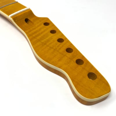Tele-Style Neck, Beautiful Vintage Amber Tiger Flame Maple w/ Flame Maple Fingerboard, Cream Binding image 8