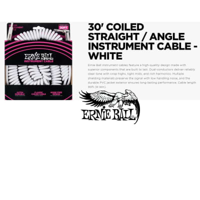 Ernie Ball Instrument Cable WHITE Ultraflex 30' Coiled Straight/ Angle 6045 image 2