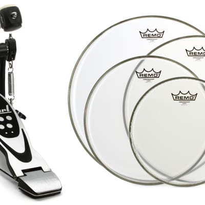 Pearl P530 Single Bass Drum Pedal - Double Chain  Bundle with Remo Ambassador Clear 4-piece Tom Pack - 10/12/14/16 inch image 1