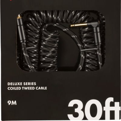 Fender Coiled Guitar/Instrument Cable, BLACK TWEED Straight to Right-Angle 30'ft image 3