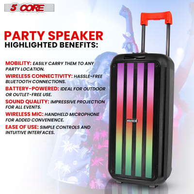 5 Core 8 " Inch Karaoke Machine Bluetooth Portable Trolley Speaker PA System with Remote Control 2 Wireless Microphones Subwoofer Singing Machine for Christmas Party Wedding  PLB 8X2 2MIC image 8