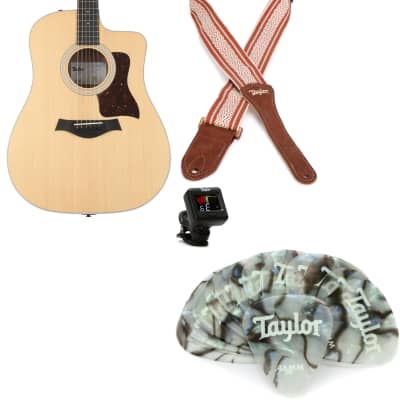 Taylor 210ce Dreadnought Acoustic-electric Guitar - Natural  Bundle with Taylor Jacquard Cotton 2" Guitar Strap - White/Brown... (4 Items)
