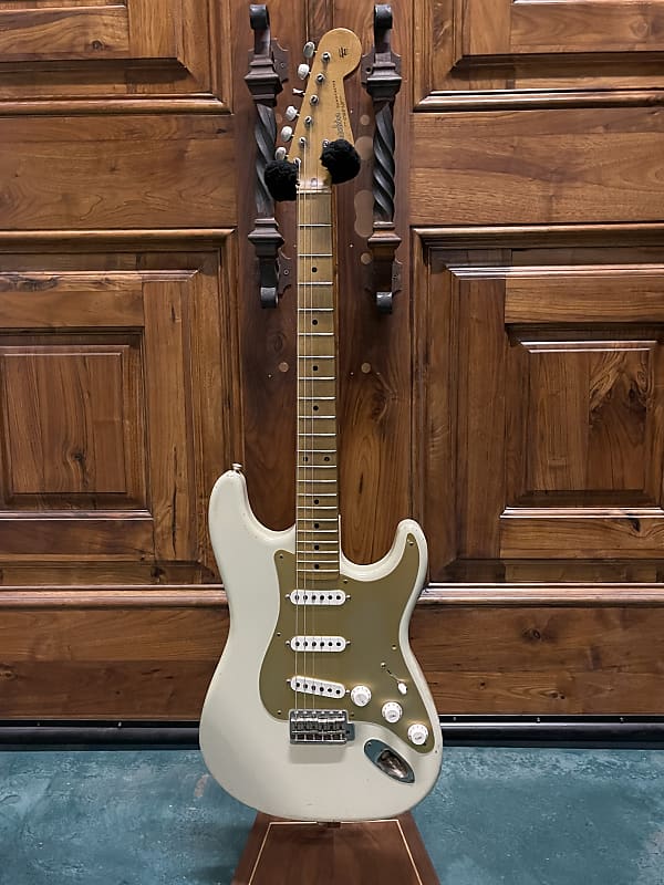 FREAKIN! Danocaster Strat 2014 Nicotine White with Anodized Gold Pickguard V-Neck (Video Demo) image 1