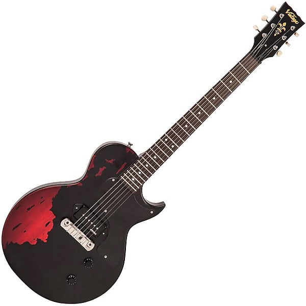 Vintage V120MRBK LP JR Style Guitar - Distressed Black Over Cherry Red