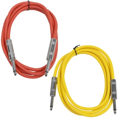 2 Pack of 6 Foot 1/4" TS Patch Cables 6' Extension Cords Jumper - Red & Yellow image 1