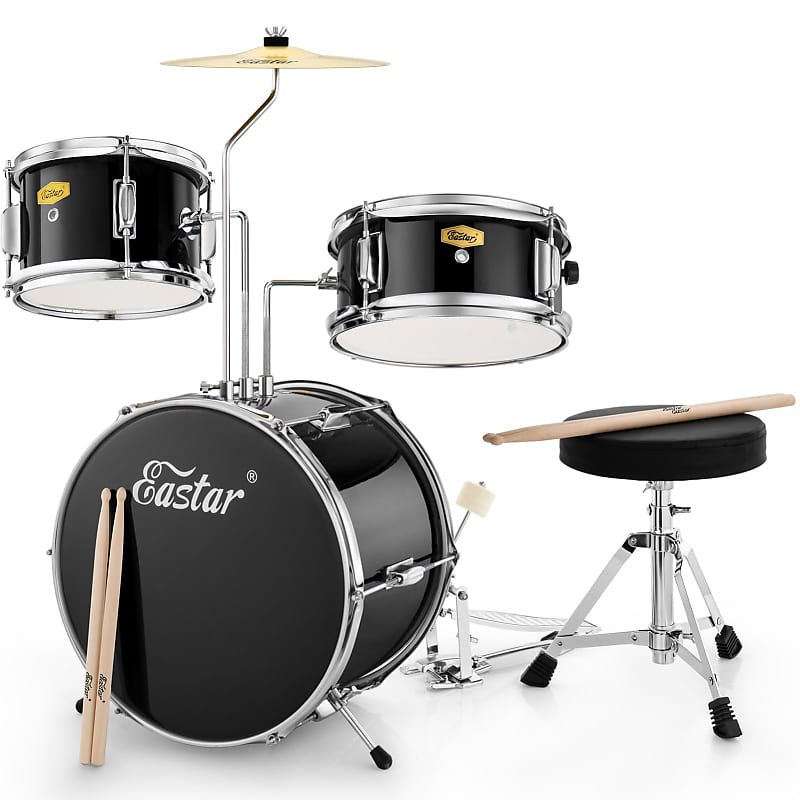 Drum Set 14'' For Kids Beginners,3 Piece With Bass Tom Snare Drum,Adjustable Throne, Cymbal, Pedal & Two Pairs Of Drumsticks, Metallic All Black image 1