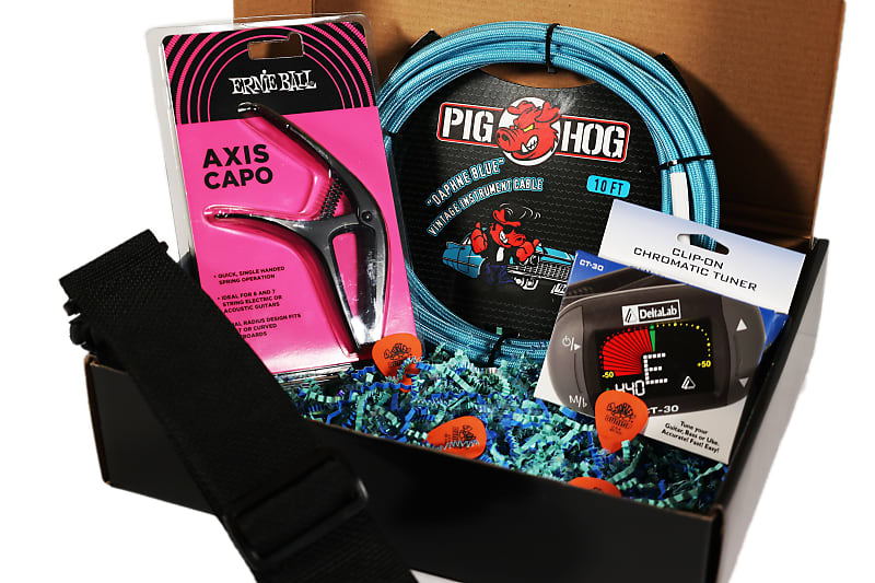 Rockit Man Guitar Accessory Pack w/ PigHog 10ft Cable Straight to Straight, Ernie Ball Axis Capo, DeltaLab CT-30 Chromatic Tuner, 5 Dunlop Guitar Picks and a Free Guitar Strap! image 1