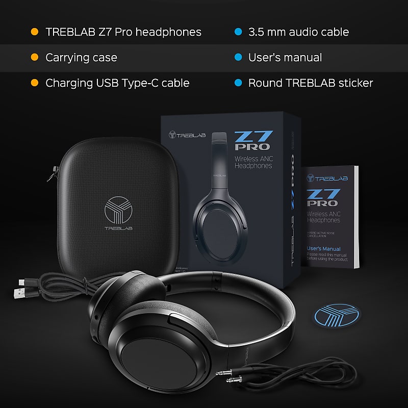 TREBLAB Z7 PRO - Hybrid Active Noise Canceling Headphones with Mic - 45H  Playtime &USB-C Fast Charge