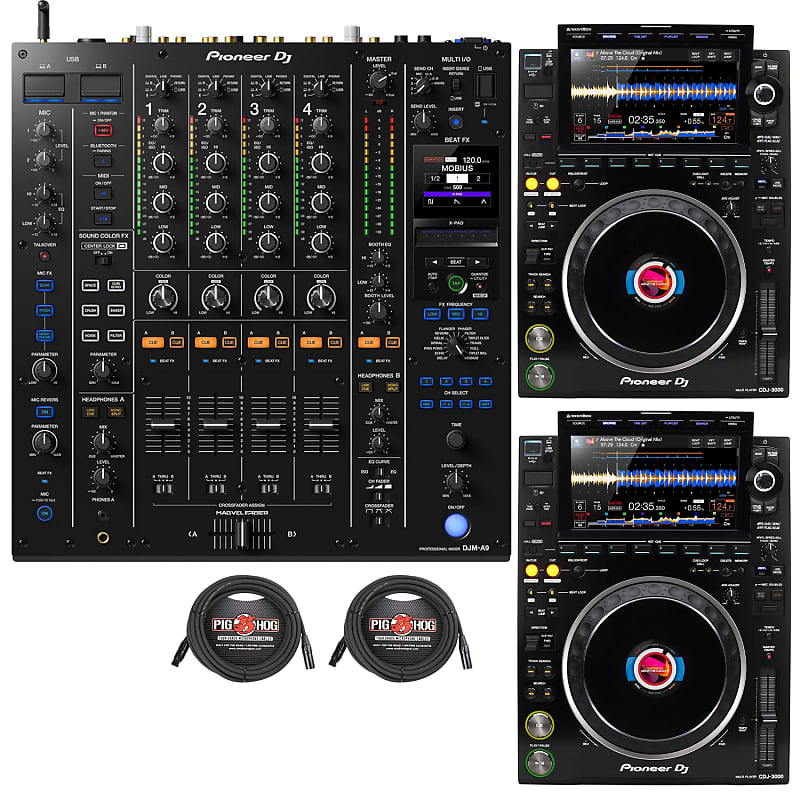 Pioneer DJM-A9 4-Channel DJ Mixer w/ (2) Pioneer CDJ-3000 DJ Media Players  & Cables | Reverb