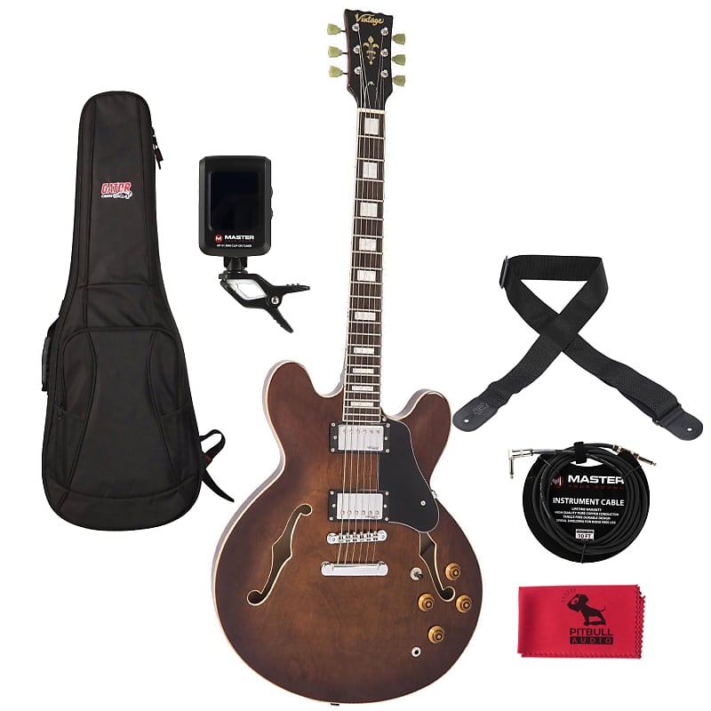 Vintage VSA500 Semi-Hollow Guitar, Natural Walnut w/ Bag
