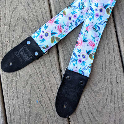 Rockit Music Gear Pink, Teal, Purple, Green and White Spring Floral Print Handmade Guitar Strap White image 2